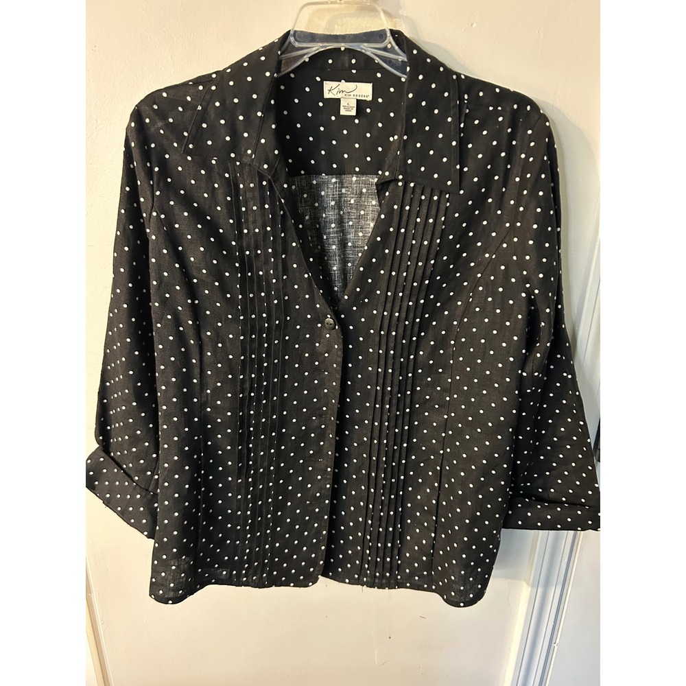 Kim Rogers Womens Black Polka Dot Pintuck Button‎ Front Blouse Top Size L